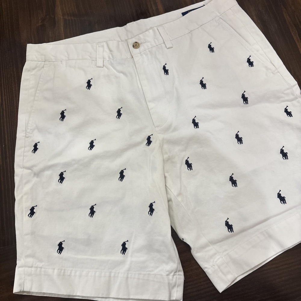 Polo Ralph Lauren Shorts Mens 33 White Stretch Classic Fit Pony Logo Preppy AOP